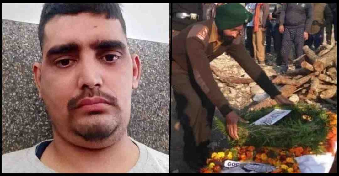 alt="solider harish last funeral with indian army image"
