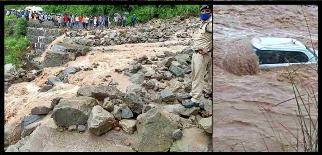 alt="Uttarakhand heavy rain in pauri garhwal car flow in water"