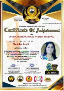 Shobha Joshi of Uttarakhand receives SPD International Women Icon Award 2021.