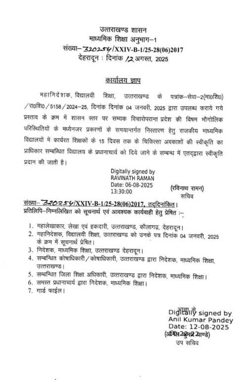 Uttarakhand school teacher staff take casual leave principal approve medical holiday news today