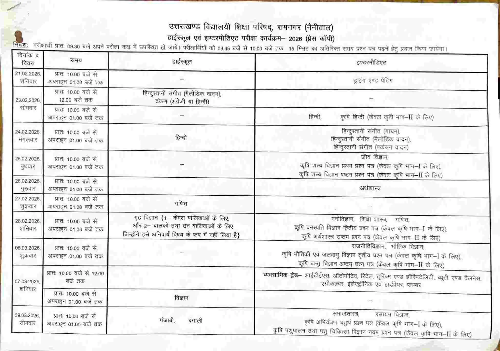 Uttarakhand board exam 2026: उत्तराखण्ड बोर्ड परीक्षा तिथि घोषित date sheet time table 21 Uttarakhand board exam 2026: उत्तराखण्ड बोर्ड परीक्षा तिथि घोषित date sheet time table