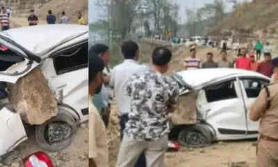 Tehri Garhwal car accident: A huge boulder fell on a car in rishikesh Badrinath highway road today