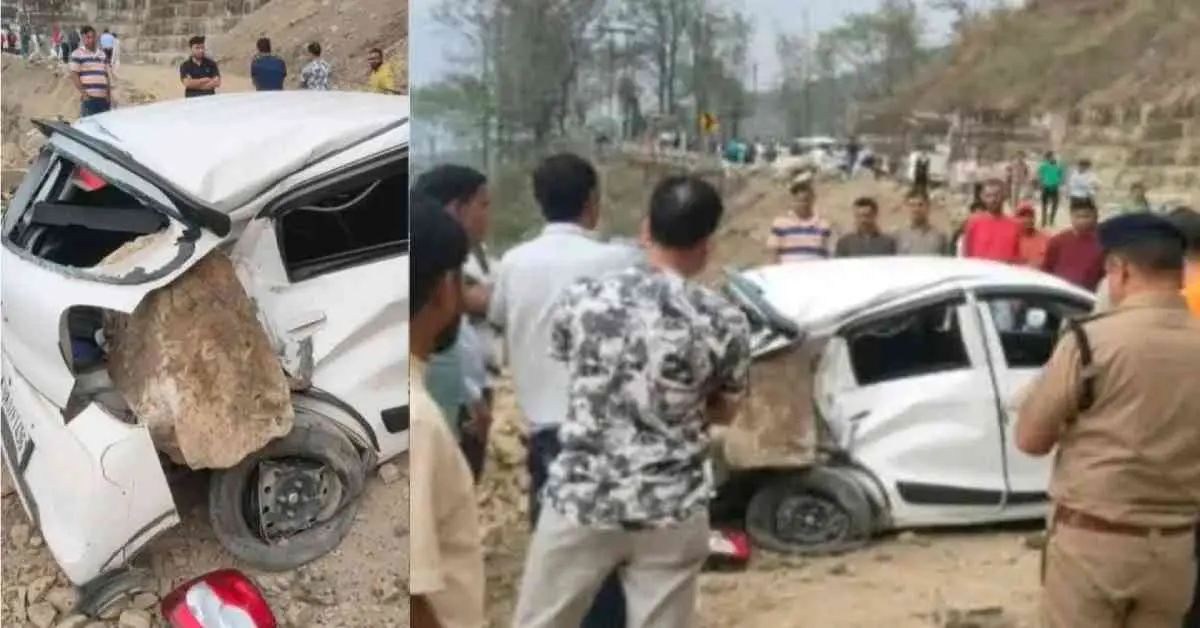 Tehri Garhwal car accident: A huge boulder fell on a car in rishikesh Badrinath highway road today