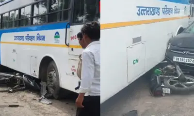 Ramnagar roadways bus accident: Bike hit by car narrowly escapes being run over by roadways bus today uttarakhand breaking news