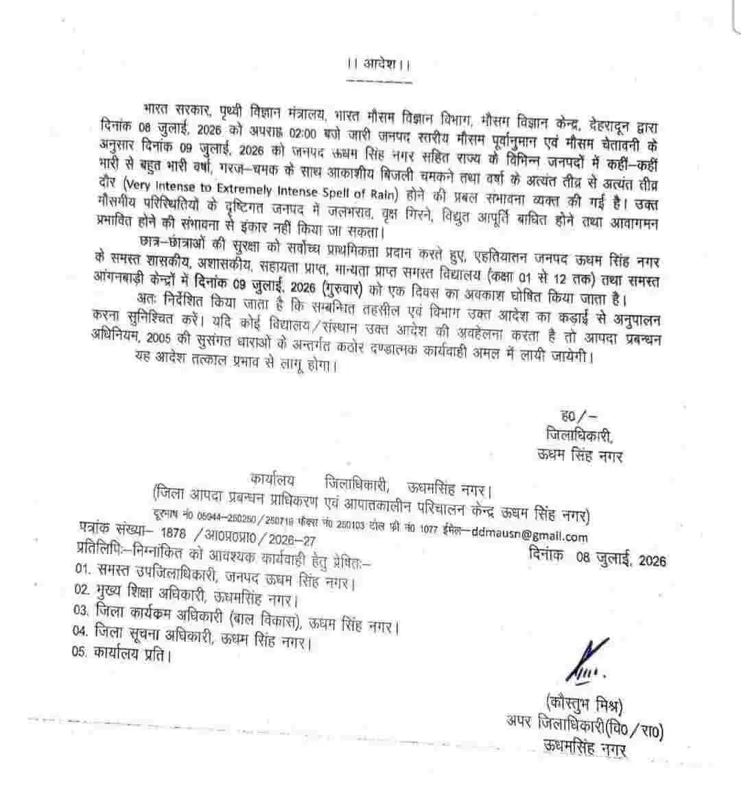 Udham Singh Nagar school close Rain alert 